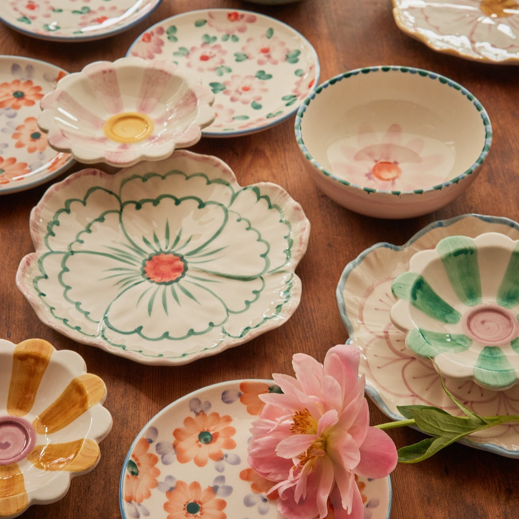 Set of 3 Ceramic Flower Dipping Bowls with Hand-painted Stripes in 3 Asst. Colours - Pink, Orange and Yellow