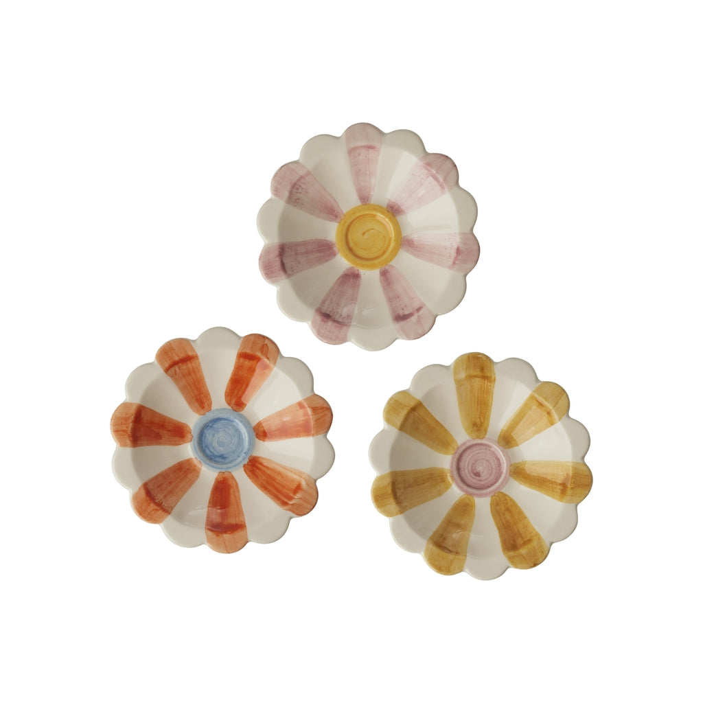 Set of 3 Ceramic Flower Dipping Bowls with Hand-painted Stripes in 3 Asst. Colours - Pink, Orange and Yellow
