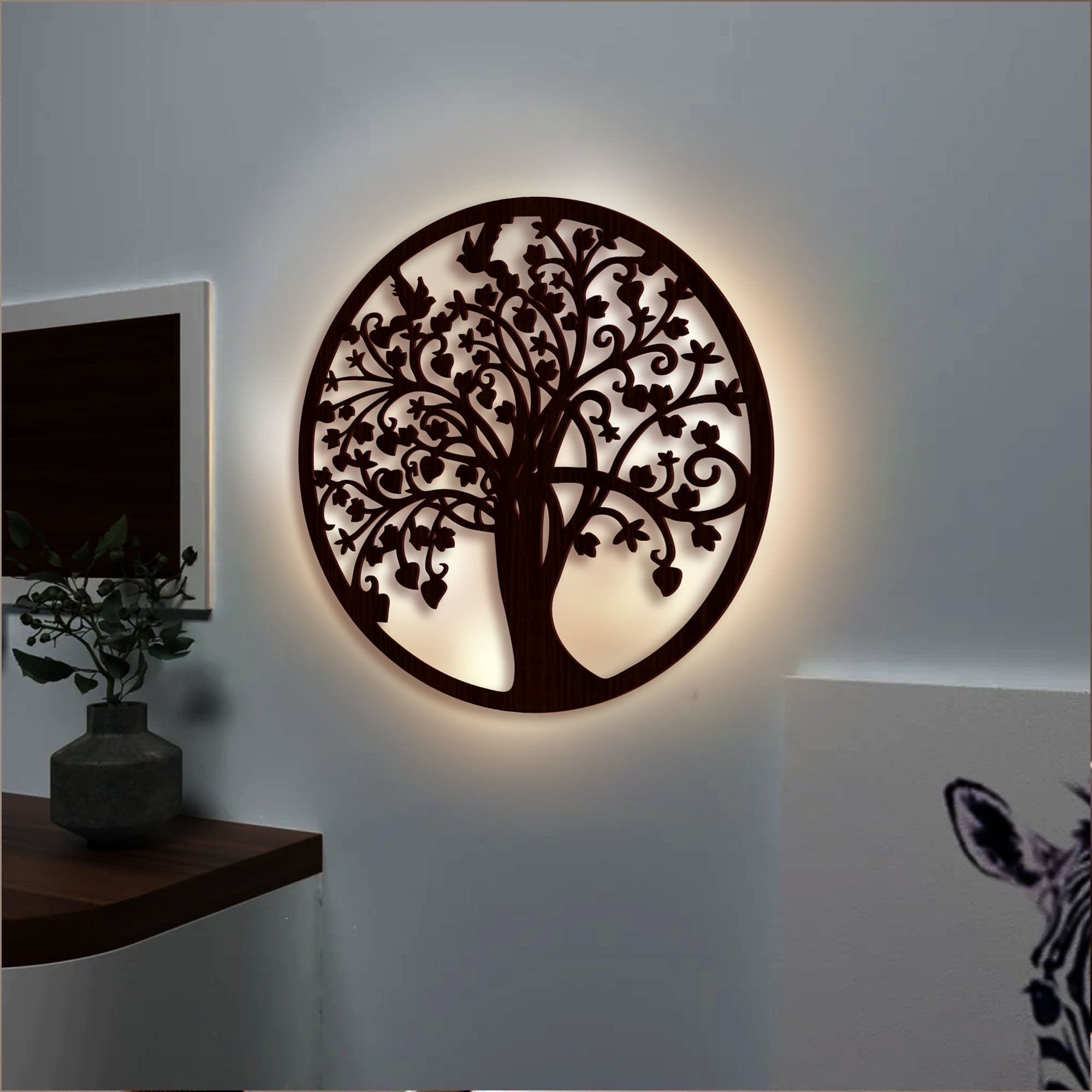 Beautiful Design Modern Backlit Art Wooden Wall Hanging with LED Night Light Walnut Finish