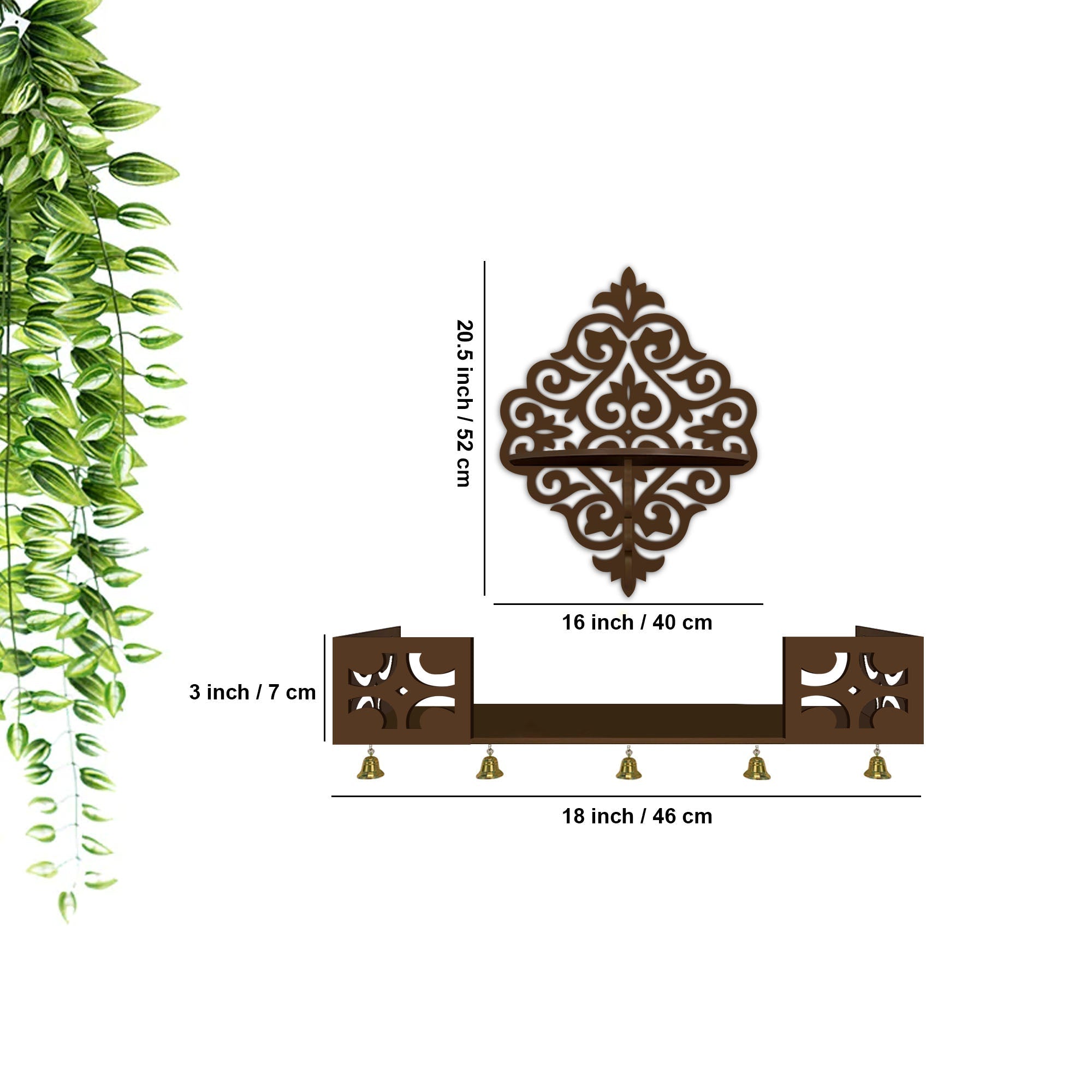 Modern Designer Pattern Wall Hanging Wooden Temple/ Pooja Mandir Design with Shelf, Brown Color