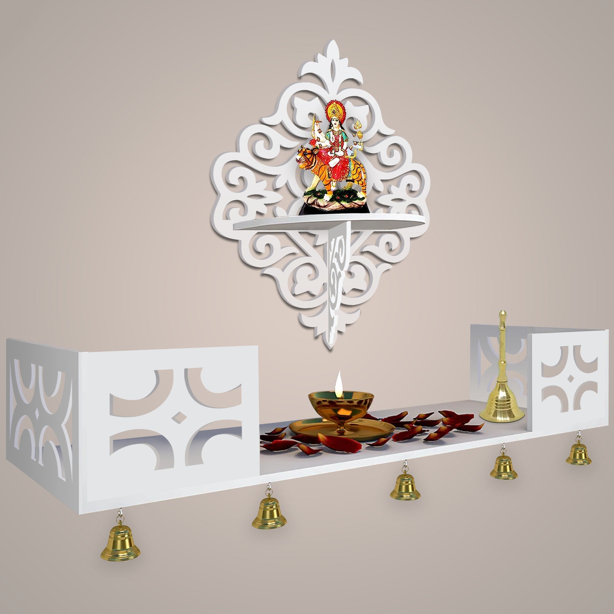Modern Designer Pattern Wall Hanging Wooden Temple/ Pooja Mandir Design with Shelf, White Color